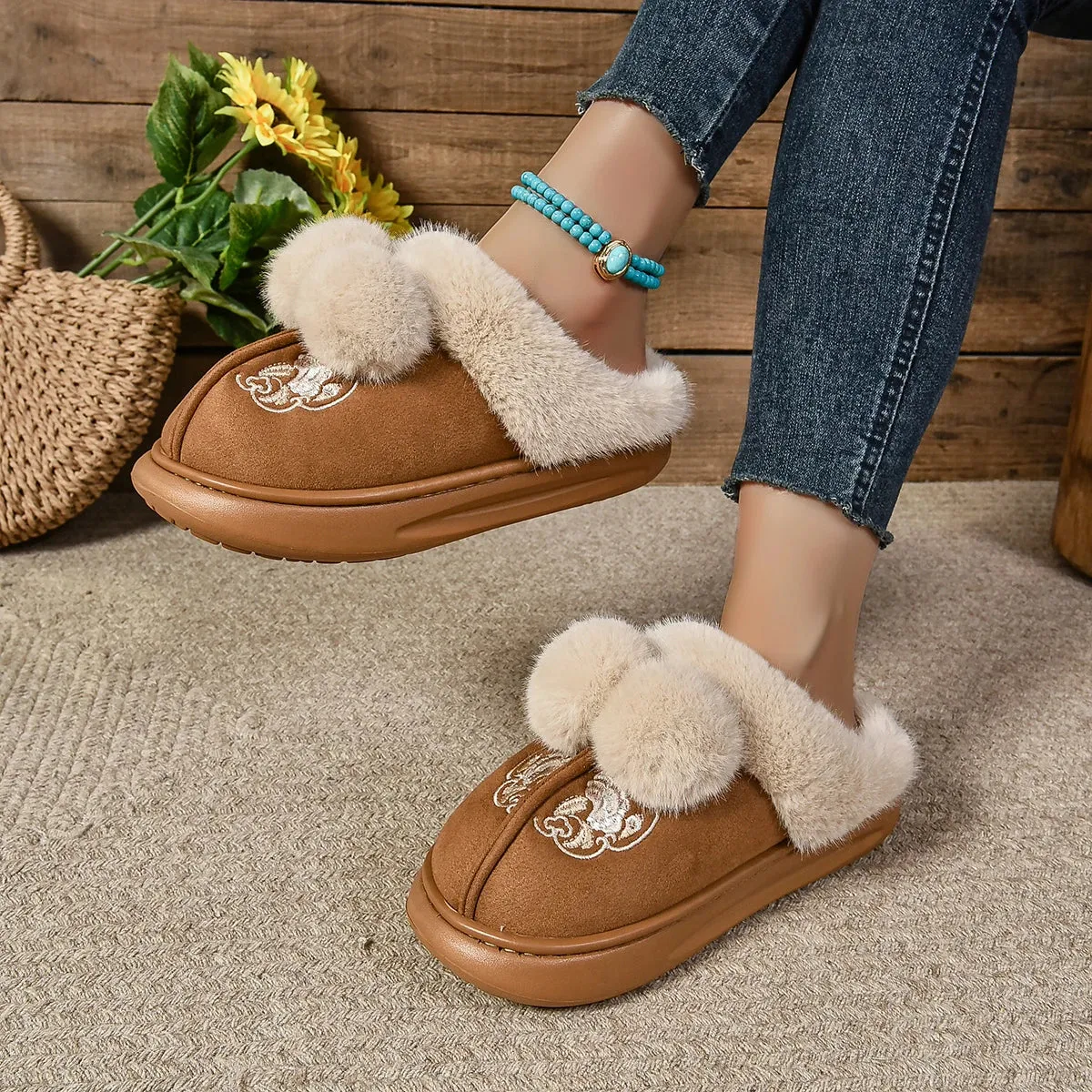 2024 Winter New Warm Women Snow Boots Indoor Comfortable Plush Shoes Platform Winter New Cute Cotton Slippers Zapatos De Mujer