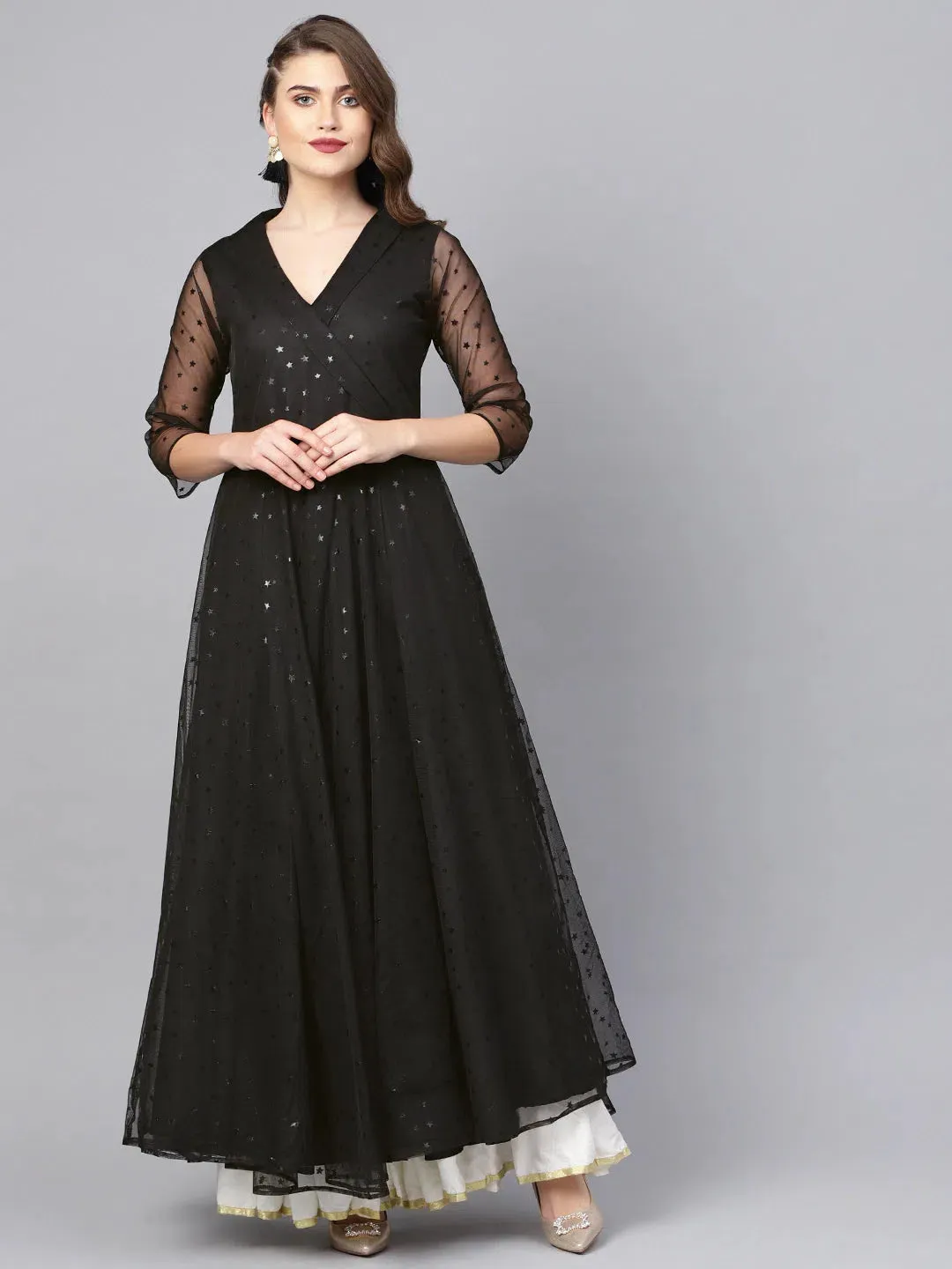 Ahalyaa Women Black Net & Crepe Star Foil Print Angrakha Anarkali Kurta