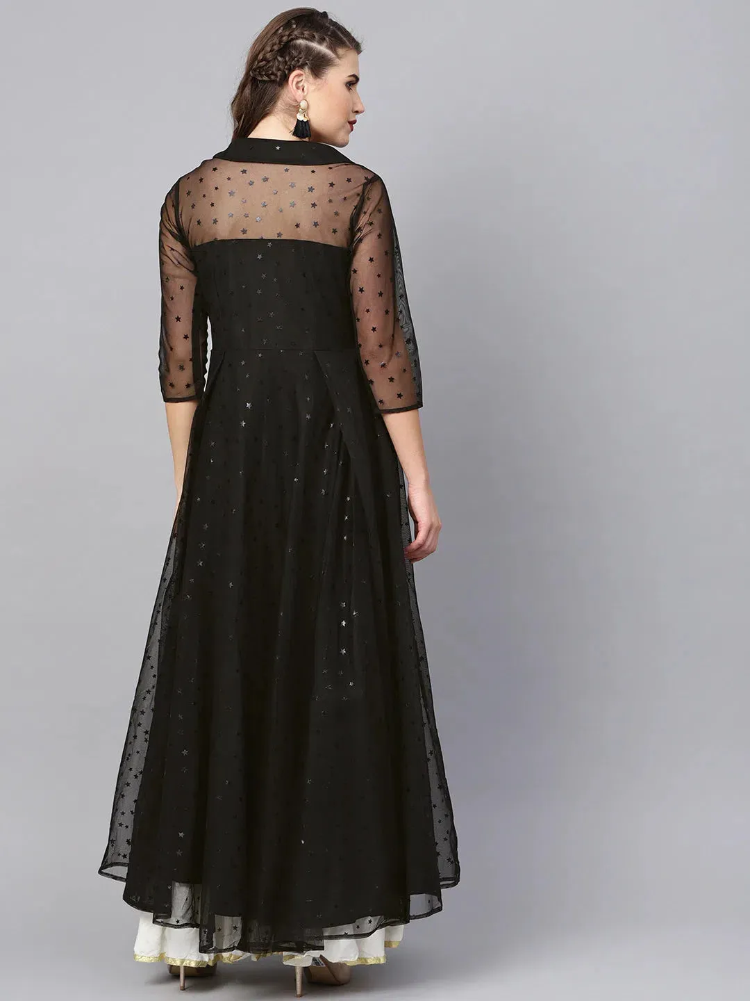 Ahalyaa Women Black Net & Crepe Star Foil Print Angrakha Anarkali Kurta