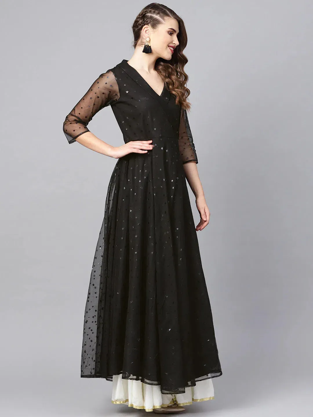 Ahalyaa Women Black Net & Crepe Star Foil Print Angrakha Anarkali Kurta