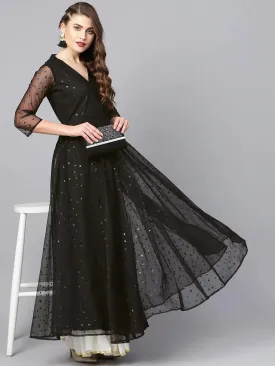 Ahalyaa Women Black Net & Crepe Star Foil Print Angrakha Anarkali Kurta