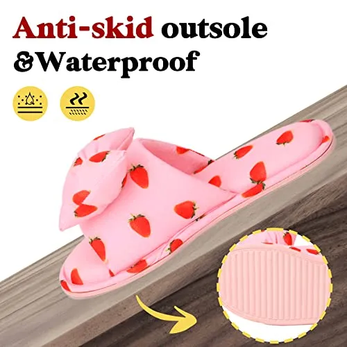 Aopuro Women Summer Strawberry Slippers Open Toe Slippers Soft Memory Foam Anti-slip Bow Shoes Indoor Outdoor Christmas Gifts