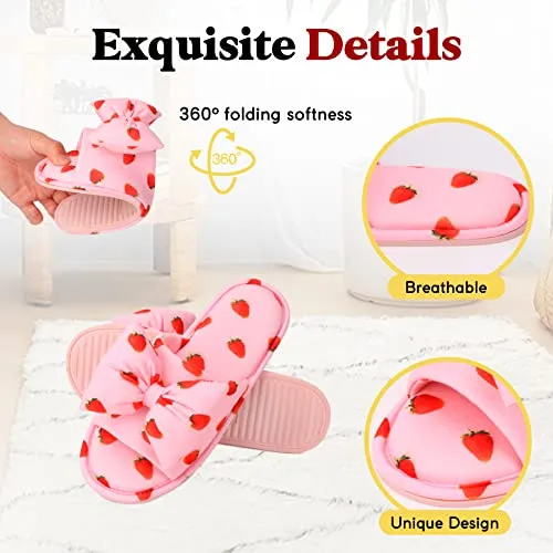 Aopuro Women Summer Strawberry Slippers Open Toe Slippers Soft Memory Foam Anti-slip Bow Shoes Indoor Outdoor Christmas Gifts