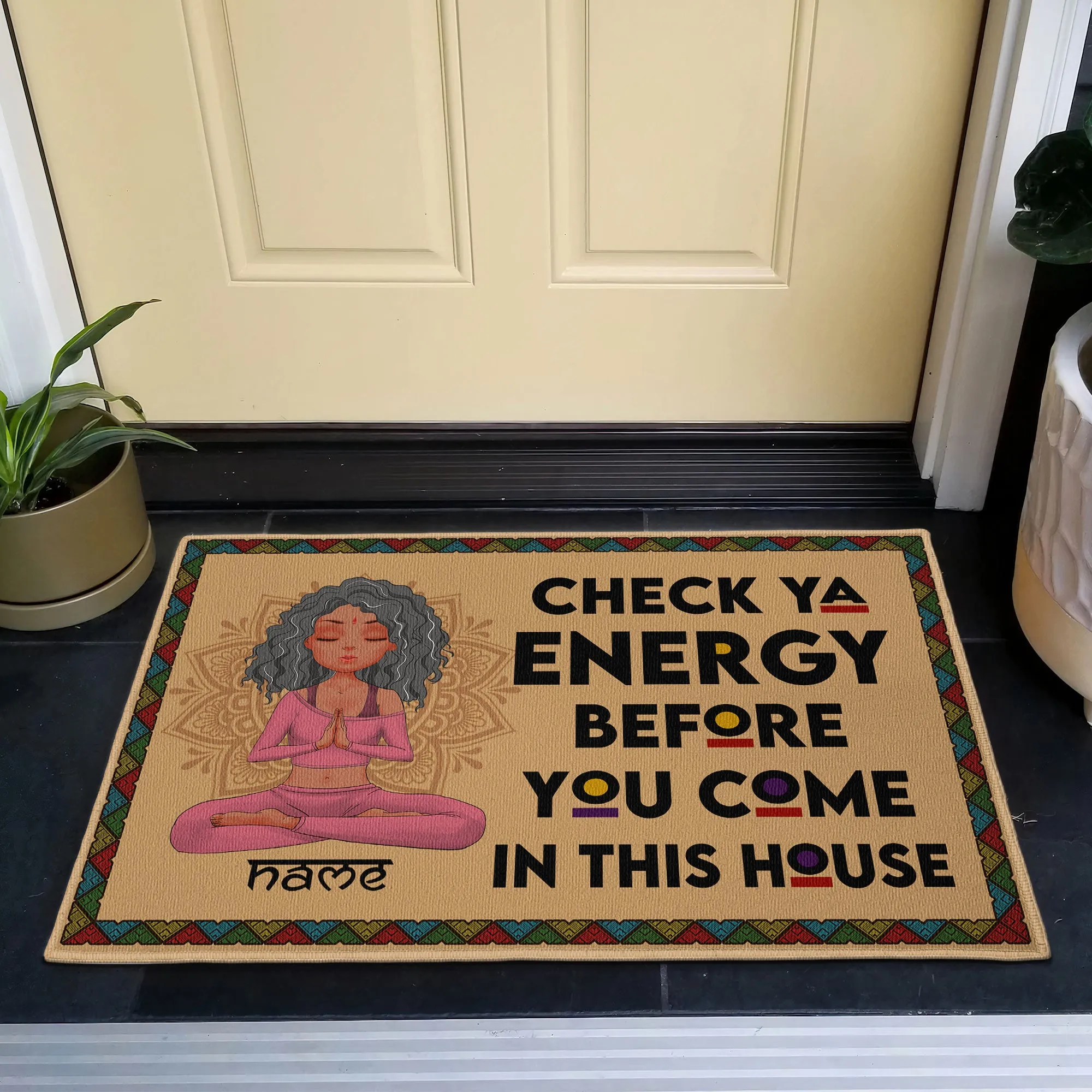 Check Ya Energy - Personalized Doormat - Birthday Gift For Yoga Lover - Yoga Girl Illustration