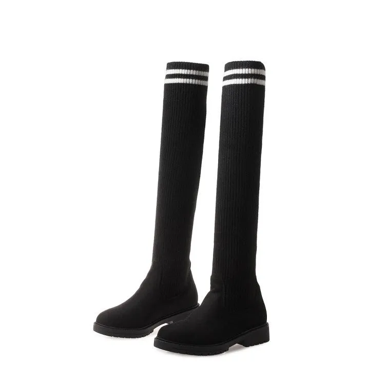 College Style Suede Round Head Color Blocking Knitted Boots