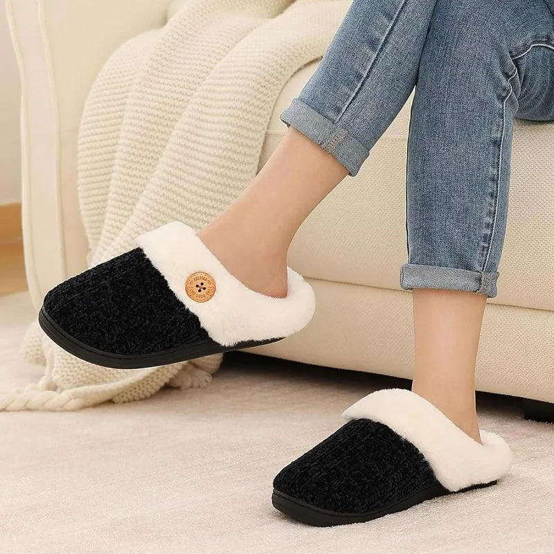 Comfy Knit Buttoned Slippers - Anti Slip Sole and Warm Interior