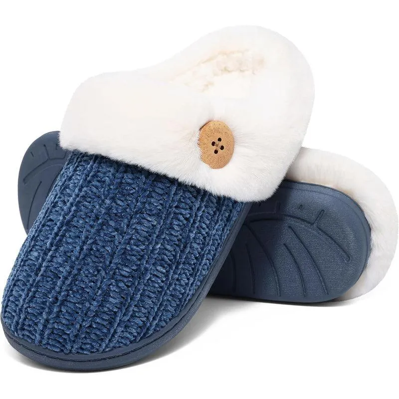 Comfy Knit Buttoned Slippers - Anti Slip Sole and Warm Interior