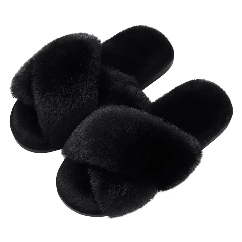 Fluffy Cross Band Slippers – Plush Comfort with Stylish Flair