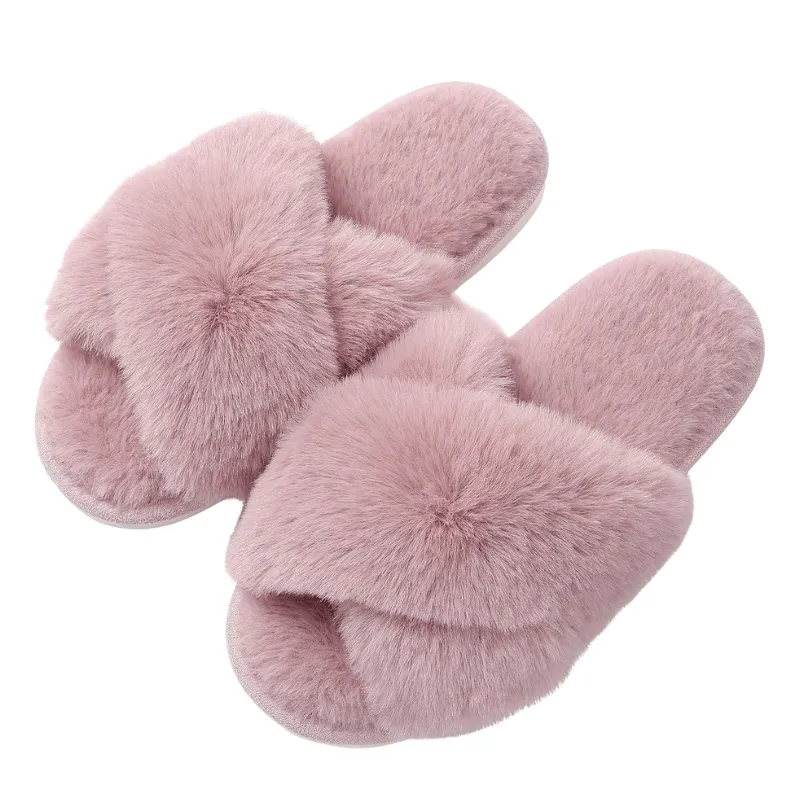 Fluffy Cross Band Slippers – Plush Comfort with Stylish Flair