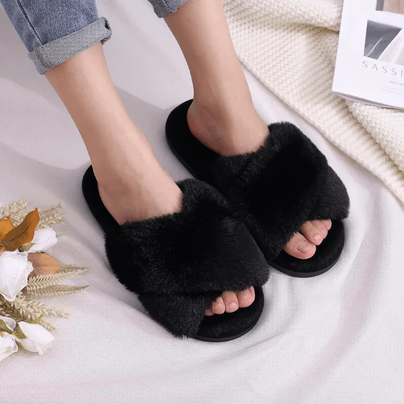 Fluffy Cross Band Slippers – Plush Comfort with Stylish Flair