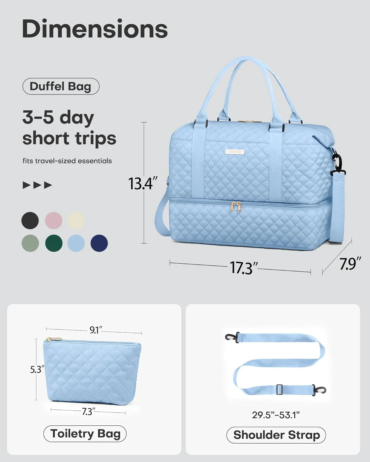 HOTOR Travel Duffel Bag - Weekender Bags for Women, Carry On Overnight Bag with Shoe Compartment, with Toiletry Bag for Travel Essentials and Travel Accessories, Blue, 13.4"??17.3"??7.9"