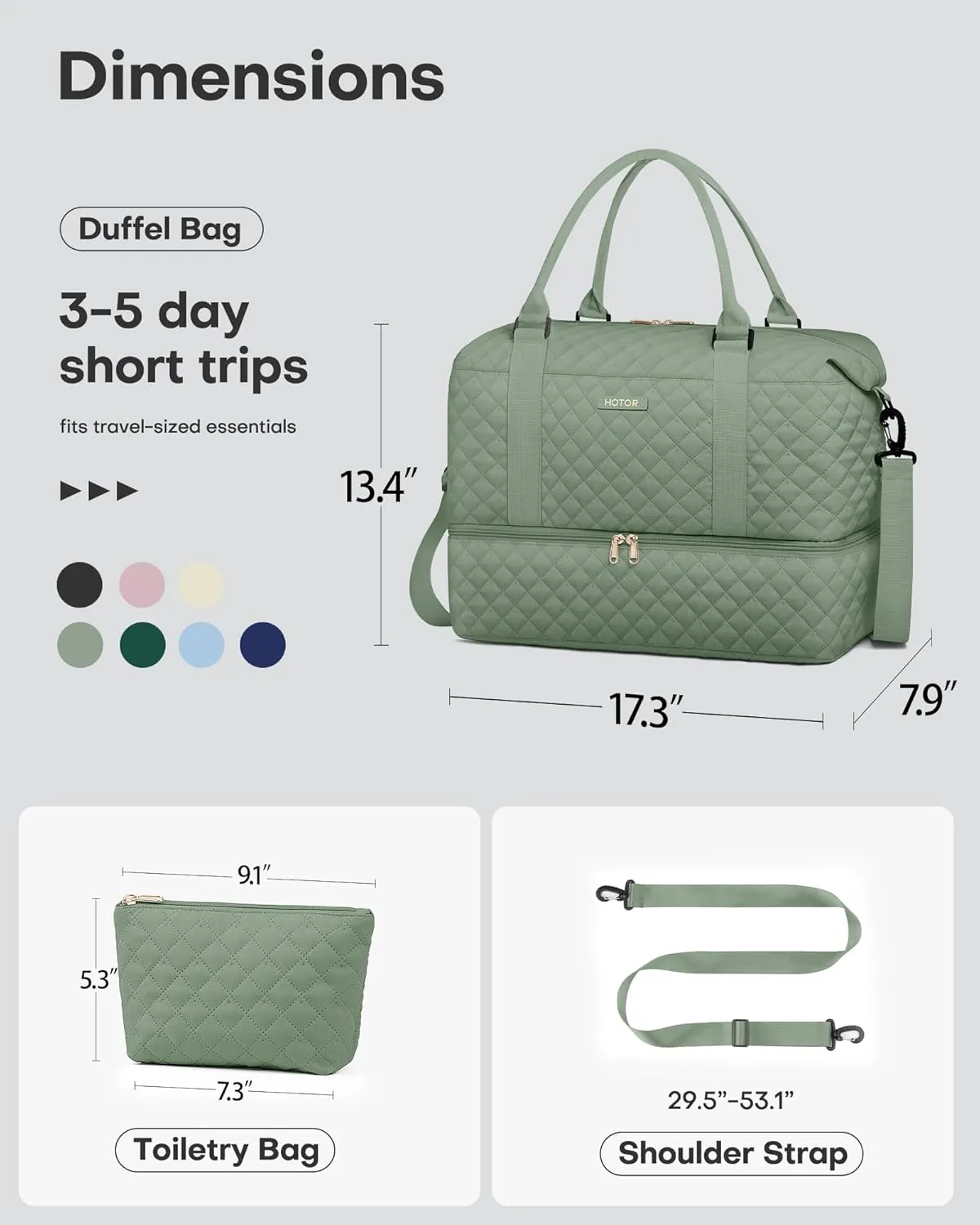 HOTOR Travel Duffel Bag - Weekender Bags for Women, Carry On Overnight Bag with Shoe Compartment, with Toiletry Bag for Travel Essentials and Travel Accessories, Green, 13.4"??17.3"??7.9"
