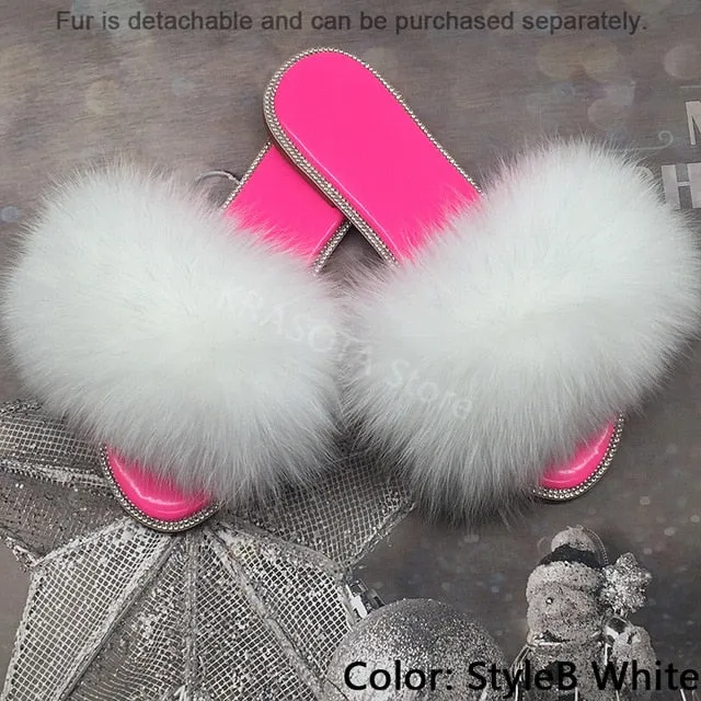Summer Women's Slippers Indoor Fluffy Furry Slippers With Fur Removable