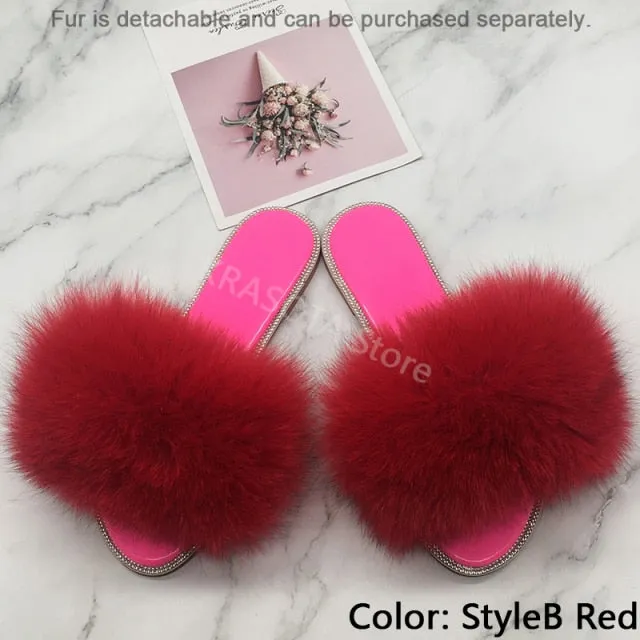 Summer Women's Slippers Indoor Fluffy Furry Slippers With Fur Removable