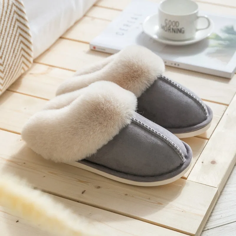 Winter Warm Home Fur Slippers Women Luxury Faux Suede Plush Cotton Shoes Indoor Bedroom Flat Heels Fluffy Slippers
