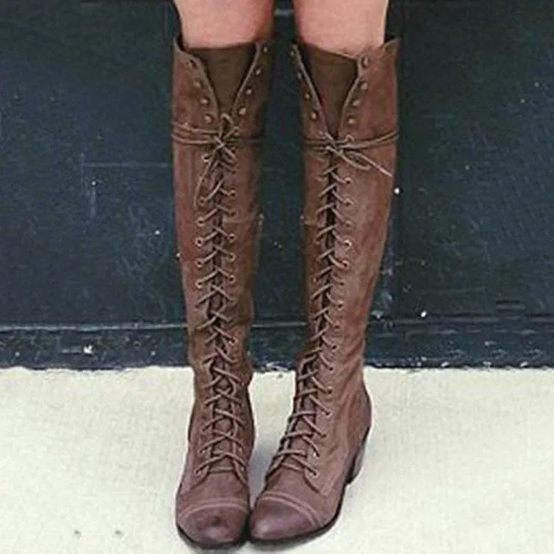 Women's over the knee lace-up boots low heel long boots