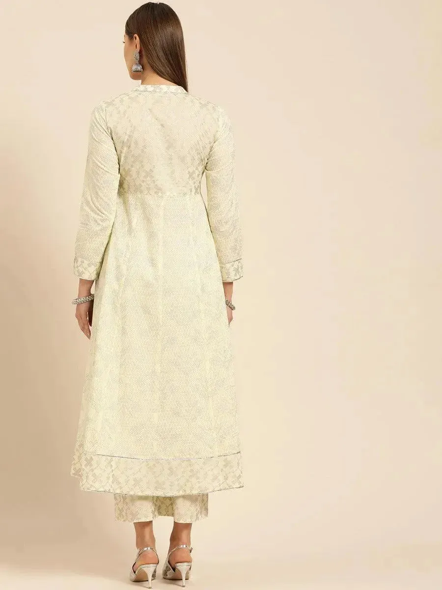 Yellow Printed Cotton Anarkali Kurta With Palazzos