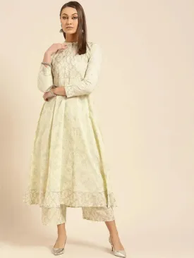Yellow Printed Cotton Anarkali Kurta With Palazzos