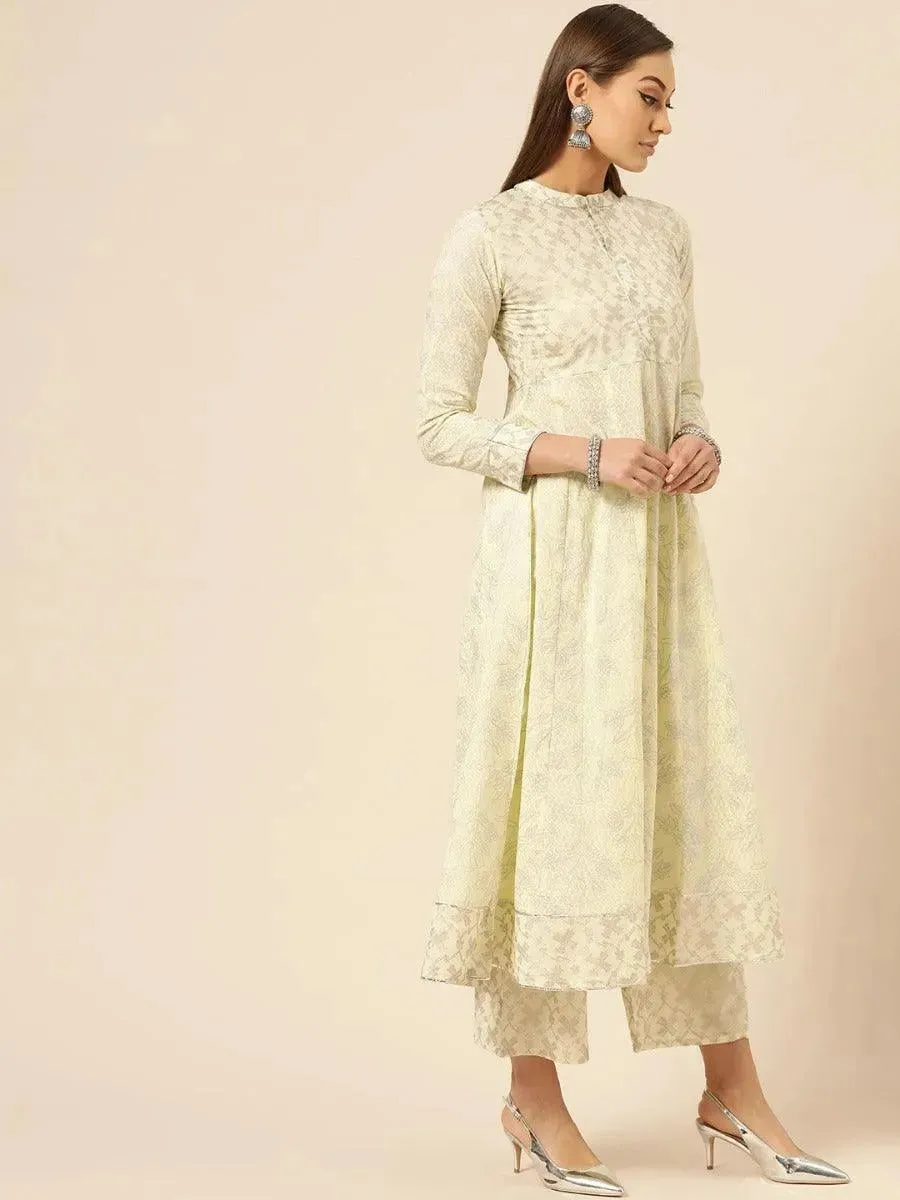 Yellow Printed Cotton Anarkali Kurta With Palazzos