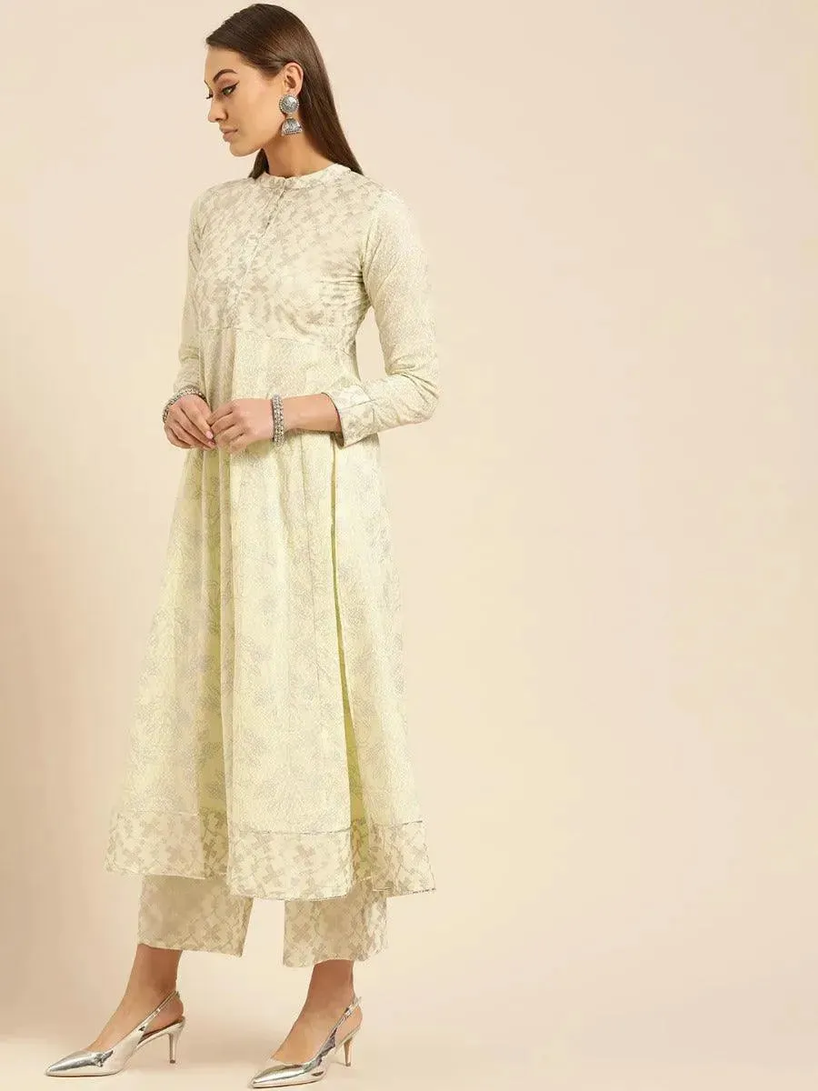 Yellow Printed Cotton Anarkali Kurta With Palazzos